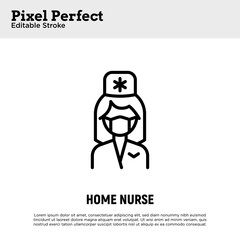 Caregiver, home nurse. Thin line icon. Assisted living. Geriatric medicine. Pixel perfect, editable stroke. Vector illustration.