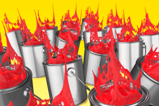Tins of red paint falling over 3d render