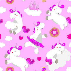 Childish cute pattern with unicorns and clouds. For children's clothing, sleepwear, wallpaper and decor