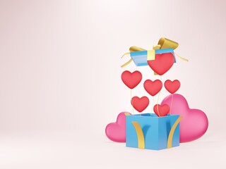 Valentine's Day background with 3d hearts on red, Happy Valentine's Day, love creative concept. 3D render.