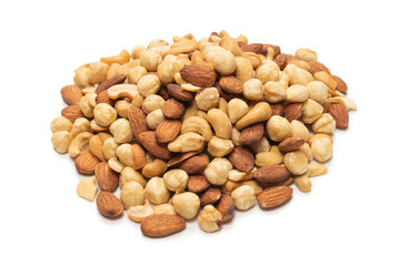 Mix of nuts isolated on white background. Top view.