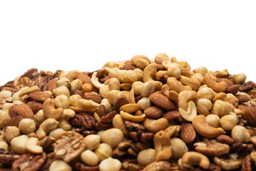 Mix of nuts isolated on white background. Top view.