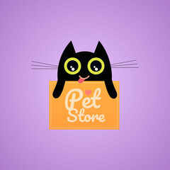 Pets shop logo with black cat. Pet store vector logo