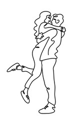 Continuous line drawing of happy couple hugging. Vector illustration.