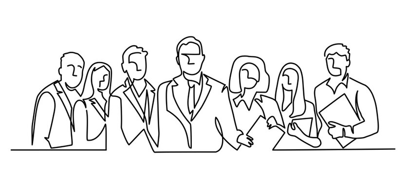 Continuous line drawing of business people standing together. Vector illustration.