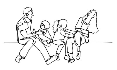 Continuous line drawing of happy family. Father, mother, daughter, and son sitting together. Vector illustration.