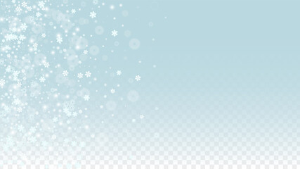 Fototapeta premium Christmas Vector Background with White Falling Snowflakes Isolated on Transparent Background. Realistic Snow Sparkle Pattern. Snowfall Overlay Print. Winter Sky. Design for Party Invitation.