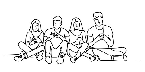 Continuous line drawing of sitting people on the floor with smartphones. Vector illustration.