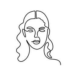 Continuous line drawing of woman's face with long hair. Vector illustration.