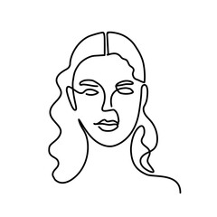Continuous line drawing of woman's face with long hair. Vector illustration.