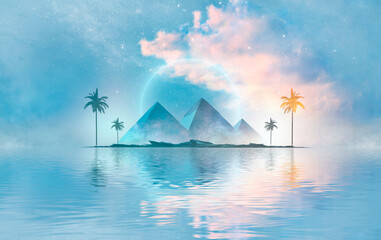 Abstract futuristic fantasy sea landscape with Egyptian pyramids. Island with palm trees on the beach. Sunlight, daytime view. Reflection in water, clouds. 3D illustration.  © MiaStendal