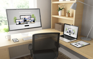 Home office with responsive devices mock up 3d rendering