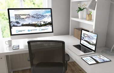 Responsive devices on desktop 3d rendering mock up