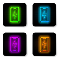 Glowing neon line Smartphone charging battery icon isolated on white background. Phone with a low battery charge. Black square button. Vector.