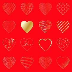 Set of 16 elegant gold hearts on a red background