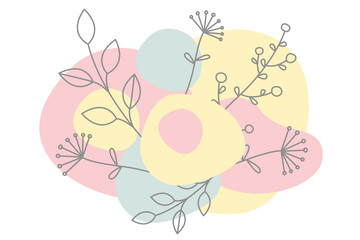 Abstract modern banner with shapes, branch of leaf and flower. Spring concept. Flat vector illustration isolated on white background.