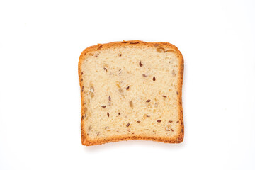 Slices toast bread with pumpkin, poppy, flax, sunflower, sesame and millet seeds isolated on white background for proper nutrition. Top view, flat lay