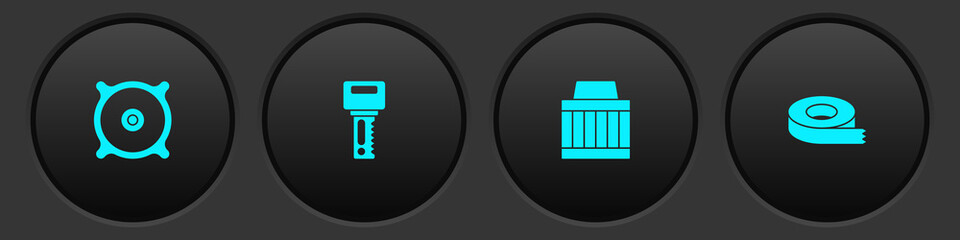 Set Car audio speaker, key with remote, air filter and Scotch tape icon. Vector.