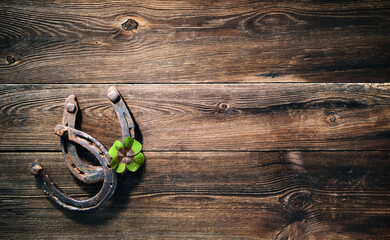 Two old rusty horse shoes and four leaf clover