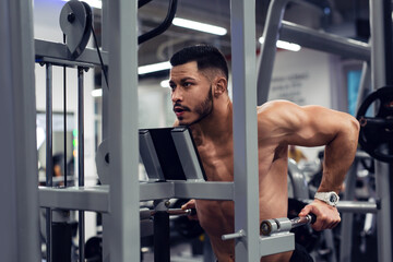 Fototapeta na wymiar Strong muscular bodybuilder doing exercise on bars in the gym.