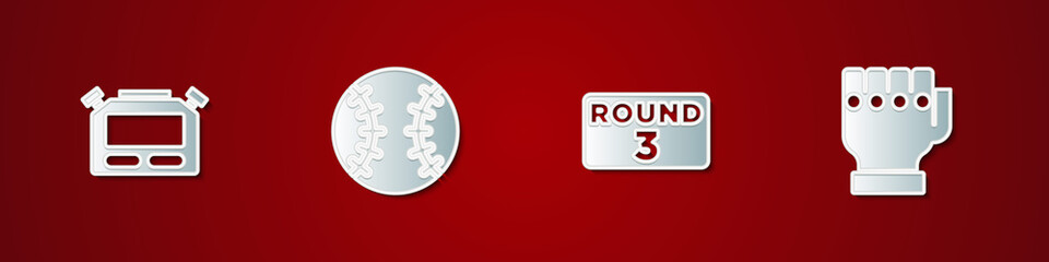 Fototapeta premium Set Stopwatch, Baseball ball, Boxing ring board and MMA glove icon. Vector.