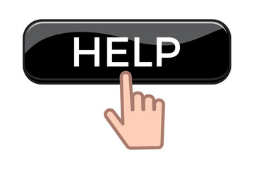 Hand clicking HELP button isolated on white background