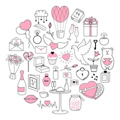 Happy Valentine's Day. Set of cute hand drawn elements painted in pink. Round concept.