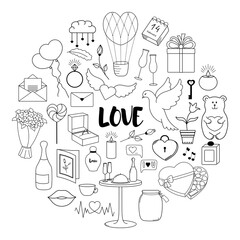 Happy Valentine's Day. Set of cute hand drawn elements. Round concept.