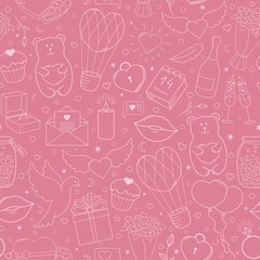 Happy Valentine's Day. Funny seamless pattern of vector hand drawn elements, pink and beige.