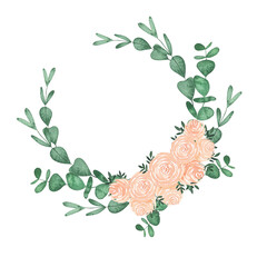 Watercolor floral wreath with green eucalyptus leaves and pink rose flowers. Hand drawn summer botanical illustration perfect for wedding invitations, cards.