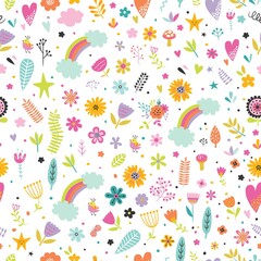 Childish seamless vector pattern with cute flowers, rainbow, clouds, heart in cartoon style. Creative vector childish background for fabric, textile.