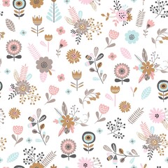 Fototapeta na wymiar Childish seamless vector pattern with cute flowers in cartoon style. Creative vector childish background for fabric, textile.