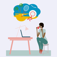 African American woman on telecommuting dreaming about a vacation at sea - vector. Travel planning.