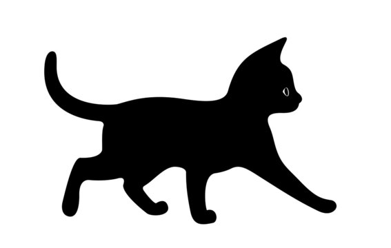 Little kitten walking. Vector black silhouette of a cat isolated on white background. The symbol of Halloween. Can be used as a sticker template, logo element, icon for web design. Flat style.
