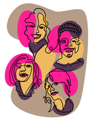 Contemporary abstract portraits of women drawn with one line and some colour spots in the background. Line art Vector illustration
