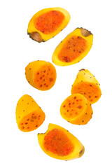 Flying cut fruits. Isolated flying opuntia fruits for packaging and advertisement. Full depth of field. Clip art image for package design. Food levitation concept. High resolution image.