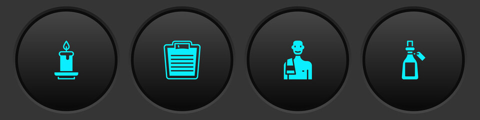 Fototapeta premium Set Aroma candle, Bathroom scales, Man in the sauna and Essential oil bottle icon. Vector.