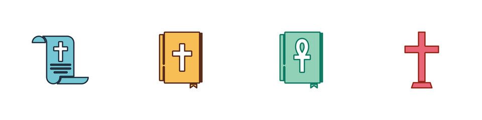 Fototapeta premium Set Decree, paper, parchment, scroll, Holy bible book, Cross ankh and Christian cross icon. Vector.
