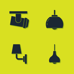 Set Led track lights and lamps, Lamp hanging, Wall or sconce and Chandelier icon. Vector.