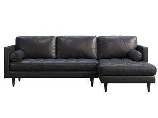 Scandinavian corner black leather upholstery sofa with chaise lounge. 3d render.
