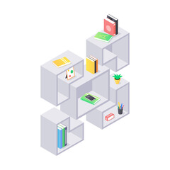 Books and chancellery on gray wooden bookshelf in isometric vector.