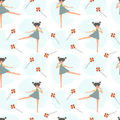 Vector seanless pattern with funny girls in a dress and lollipops. Wallpaper with people.