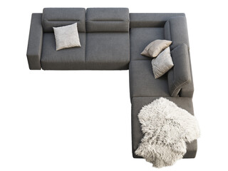 Modern dark gray fabric corner sofa with adjustable backrest and storage. 3d render