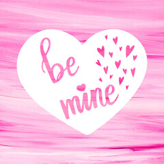 Be mine love card with hearts and textured frame in heart shape. 14th february holiday, st valentines concept. Postcard or invitation design