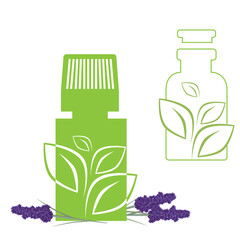 Set of green apothecary medical lavender bottles, ecology, plant, bio. Vector supplies