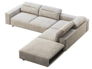 Modern light gray fabric corner sofa with adjustable backrest and storage. 3d render
