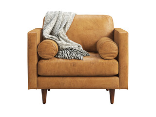 Scandinavian brown leather upholstery armchair with pillows and plaid. 3d render.
