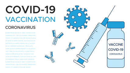 Banner COVID-19 vaccination, one ampoule of vaccine and a syringe, coronavirus and antibody. A medical poster template in shades of blue. Vector illustration isolated on a white background - obrazy, fototapety, plakaty