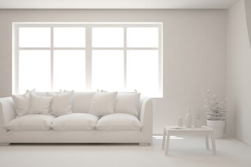 White minimalist living room with sofa. Scandinavian interior design. 3D illustration