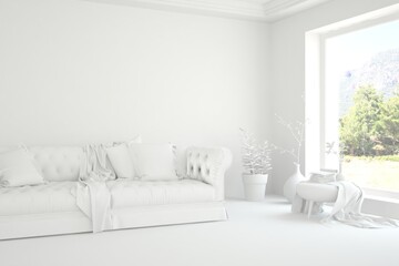 Mock up of stylish room in white color with sofa and green landscape in window. Scandinavian interior design. 3D illustration